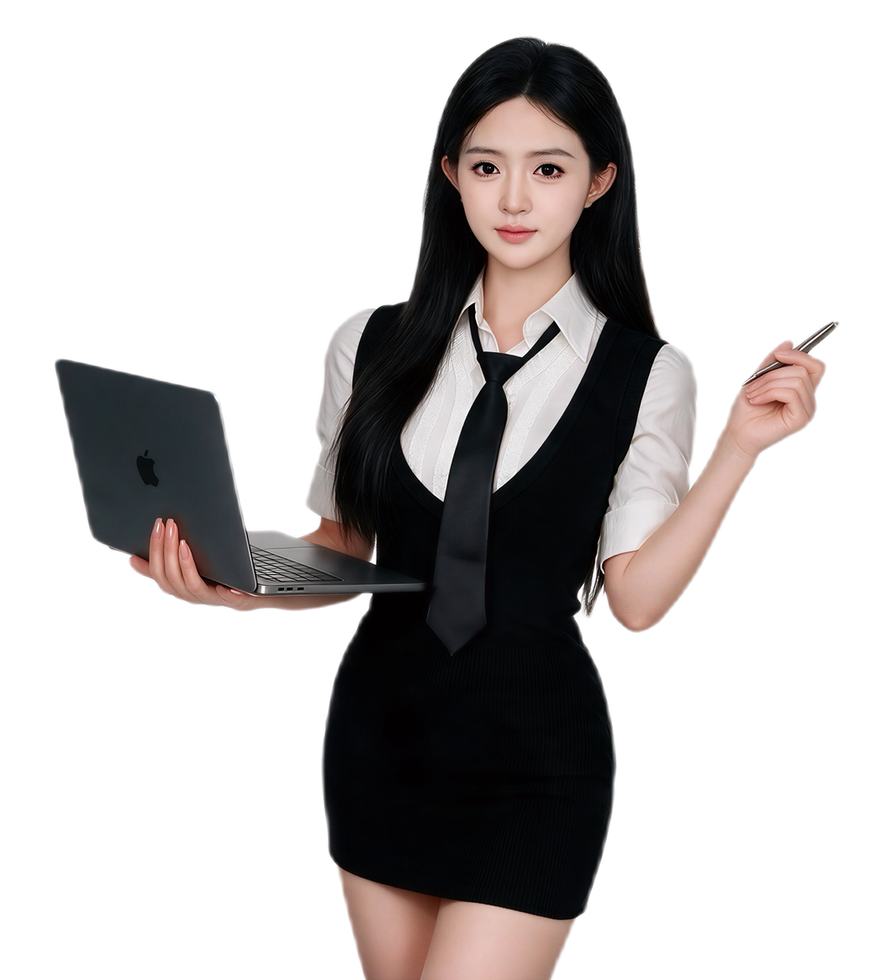 Bai Qingxin holding a laptop and pen